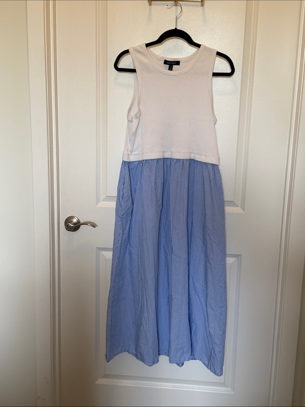 Ellen Tracy White Sleeveless Top with Light Blue Striped Skirt Dress